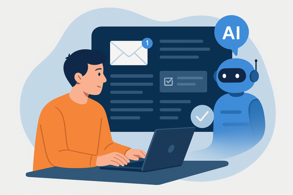 Abstract illustration of a person managing emails with the help of an AI assistant